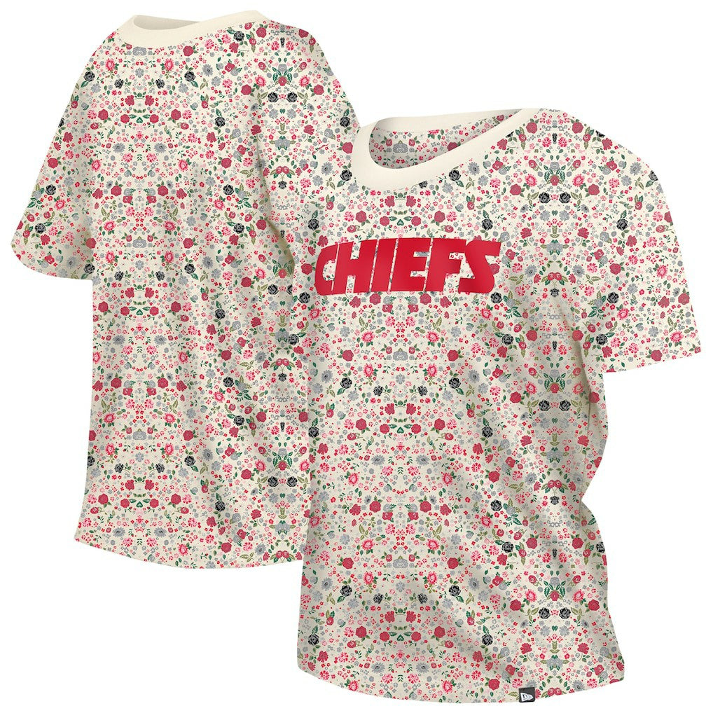 Kansas City Chiefs New Era Women's Glam Game Floral Scoop Neck T-Shirt - Cream outlet