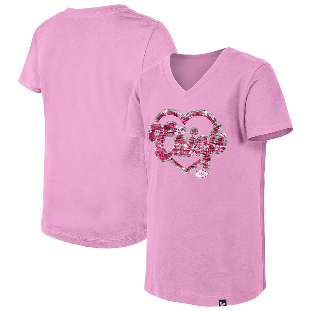 Kansas City Chiefs New Era Girls Youth Flip Sequins V-Neck T-Shirt - Pink discount