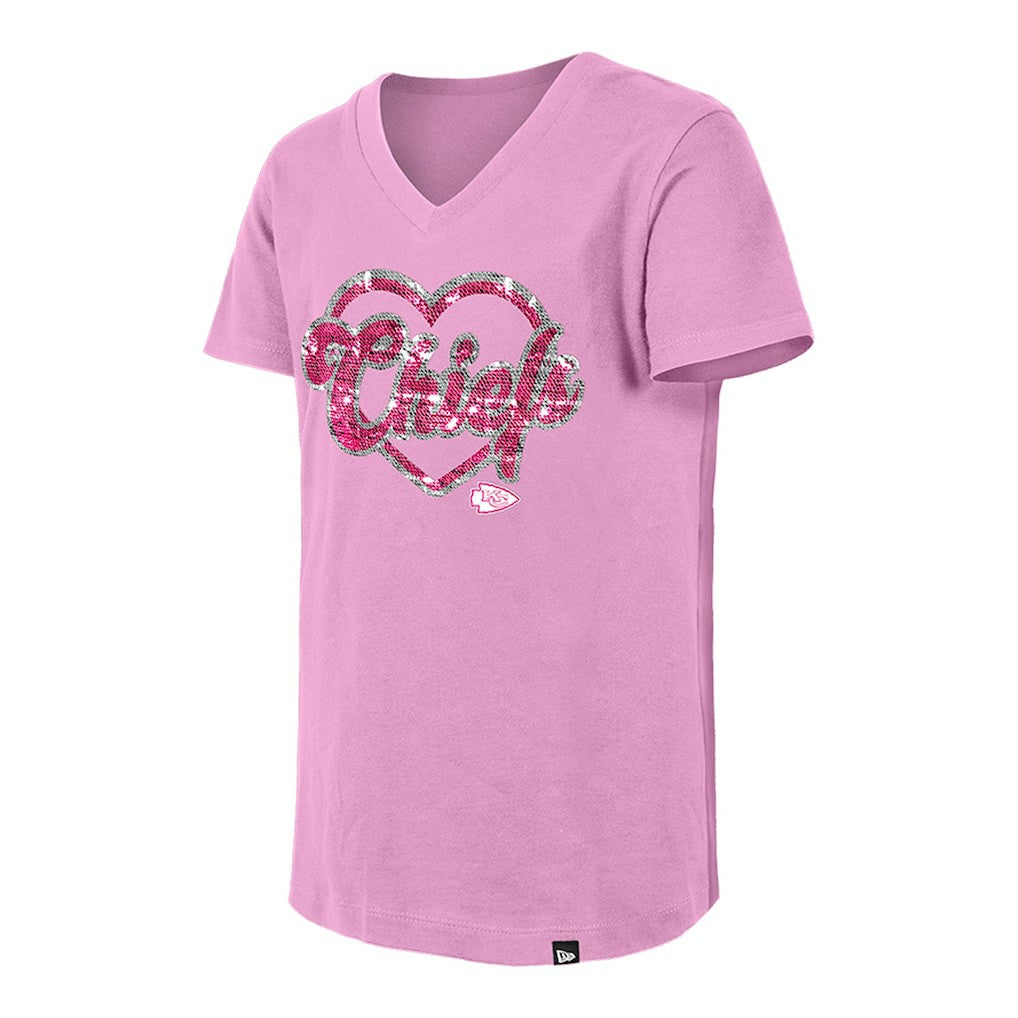 Kansas City Chiefs New Era Girls Youth Flip Sequins V-Neck T-Shirt - Pink discount