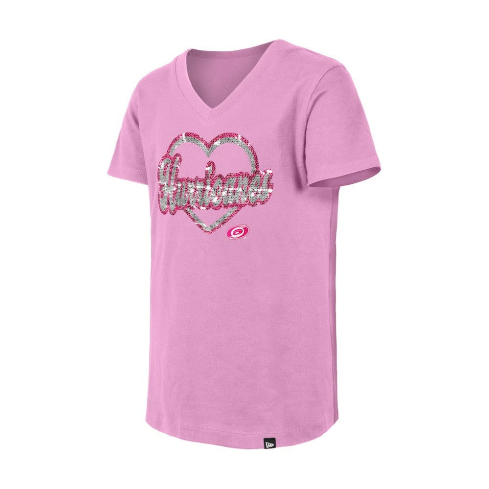 Carolina Hurricanes New Era Girl's Youth Flip Sequin V-Neck T-Shirt Pink