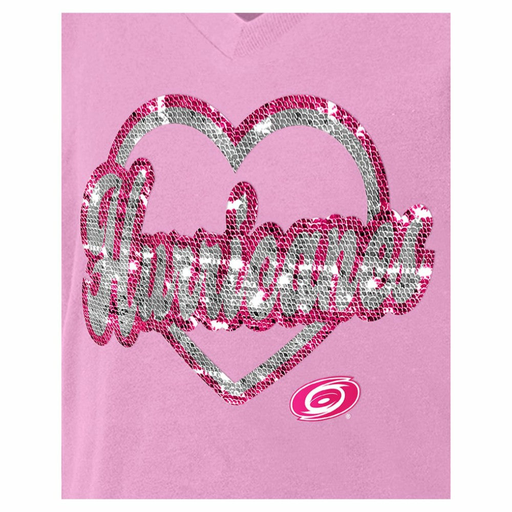 Carolina Hurricanes New Era Girl's Youth Flip Sequin V-Neck T-Shirt Pink