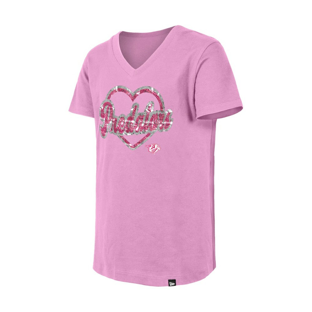 Nashville Predators New Era Girl's Youth Flip Sequin V-Neck T-Shirt Pink