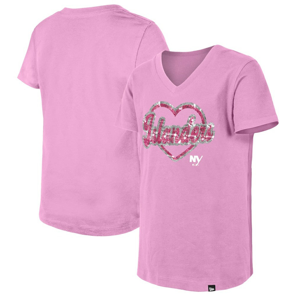 New York Islanders New Era Girl's Youth Flip Sequin V-Neck T-Shirt Pink