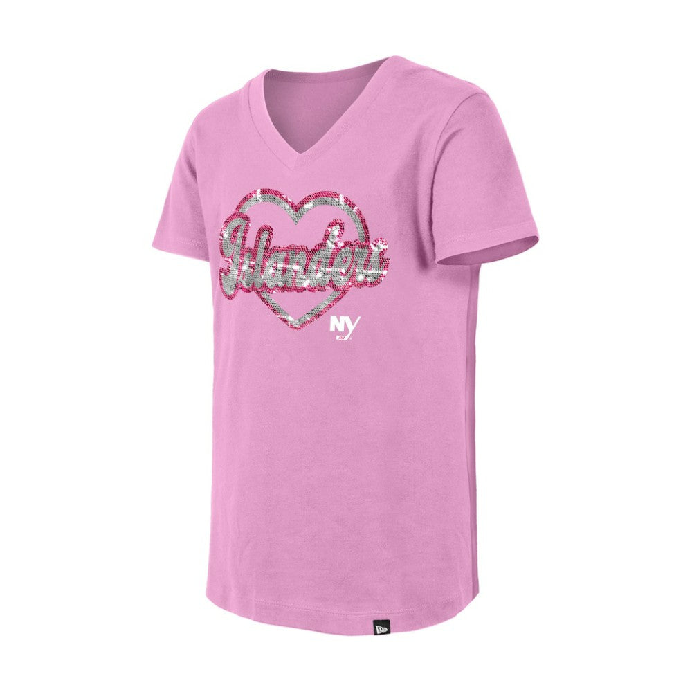 New York Islanders New Era Girl's Youth Flip Sequin V-Neck T-Shirt Pink