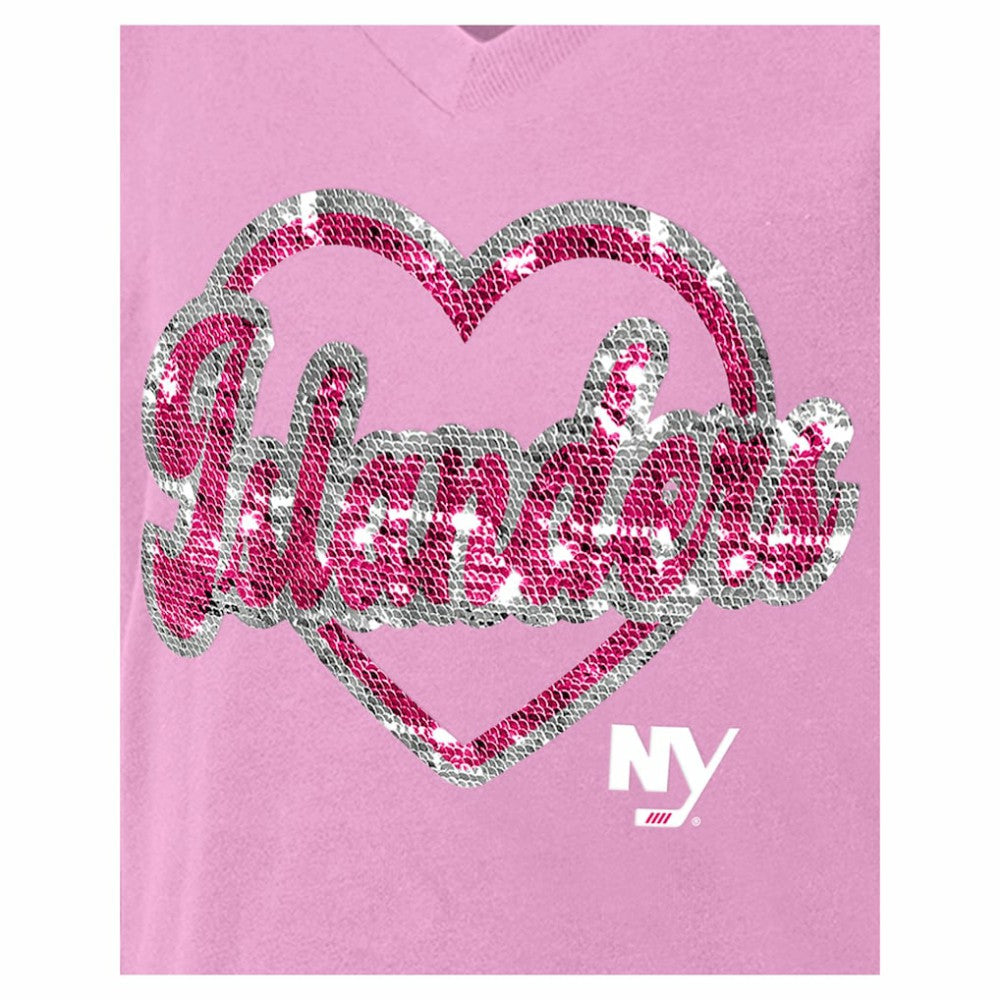 New York Islanders New Era Girl's Youth Flip Sequin V-Neck T-Shirt Pink