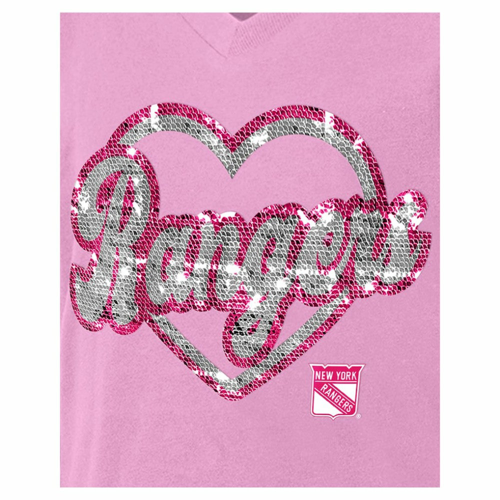 New York Rangers New Era Girl's Youth Flip Sequin V-Neck T-Shirt Pink