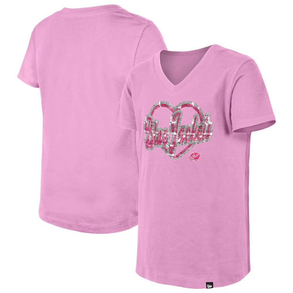 Columbus Blue Jackets New Era Girl's Youth Flip Sequin V-Neck T-Shirt Pink