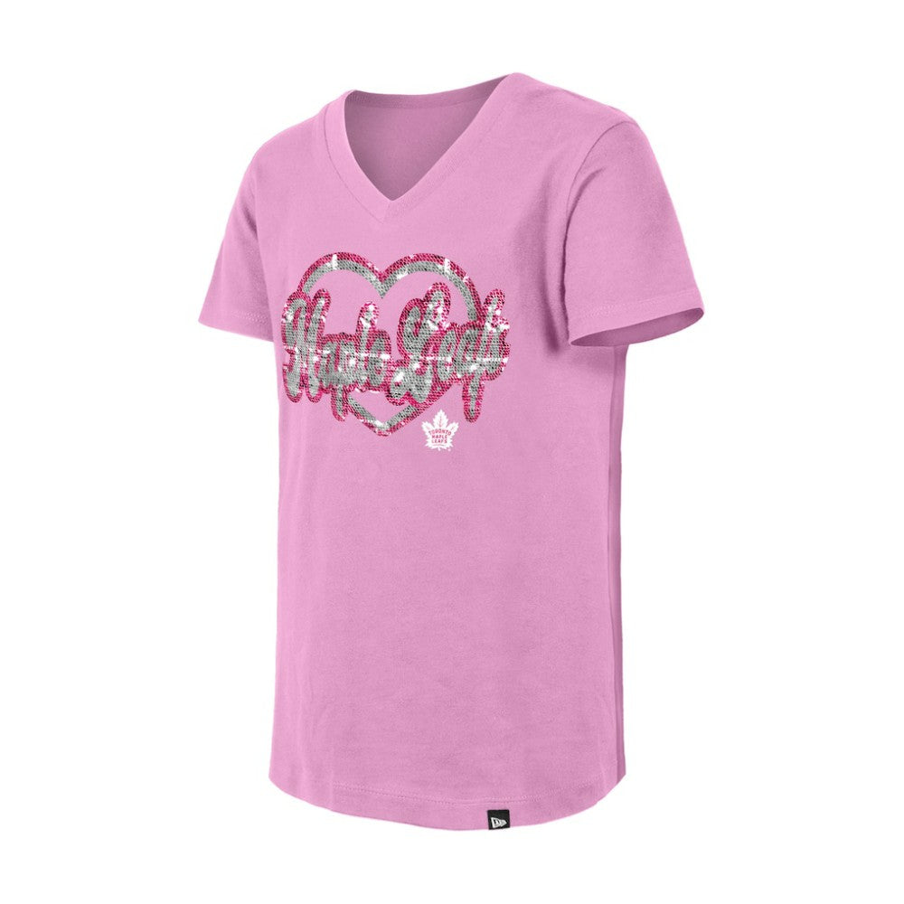 Toronto Maple Leafs New Era Girl's Youth Flip Sequin V-Neck T-Shirt Pink