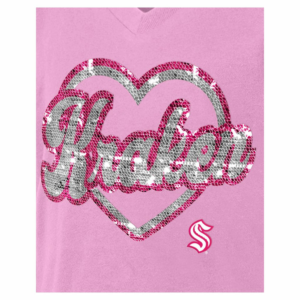 Seattle Kraken New Era Girl's Youth Flip Sequin V-Neck T-Shirt Pink