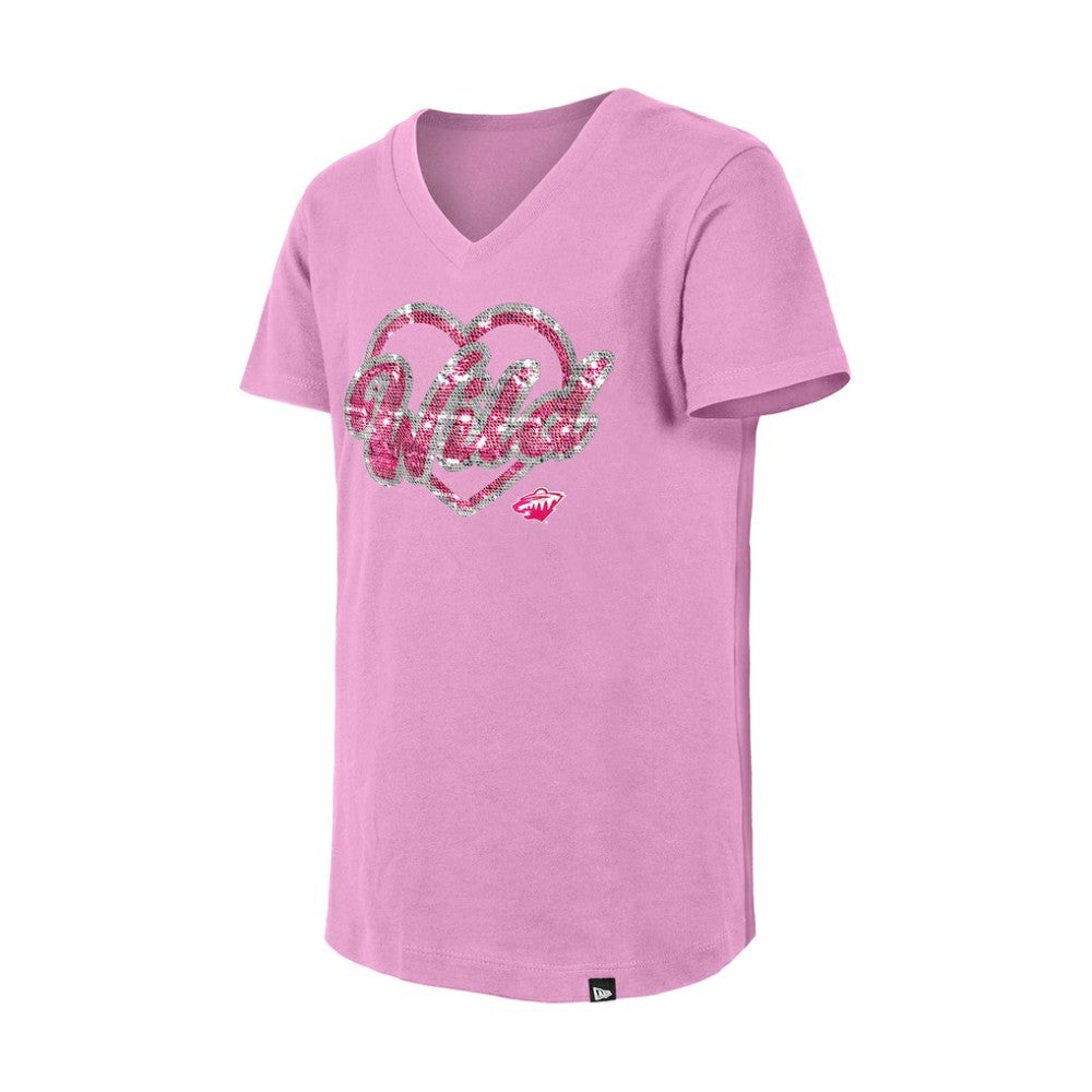 Minnesota Wild New Era Girl's Youth Flip Sequin V-Neck T-Shirt Pink