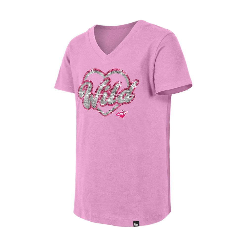 Minnesota Wild New Era Girl's Youth Flip Sequin V-Neck T-Shirt Pink