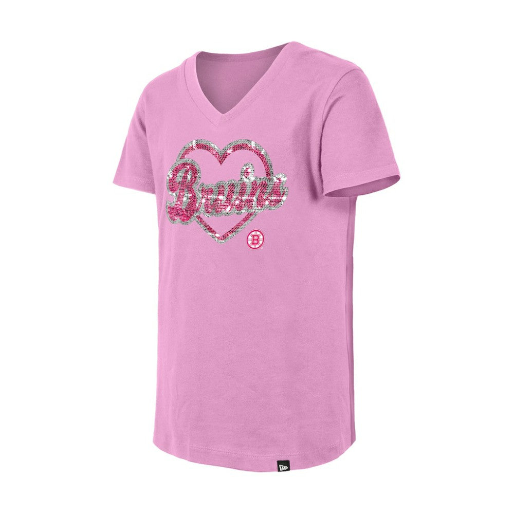 Boston Bruins New Era Girl's Youth Flip Sequin V-Neck T-Shirt Pink