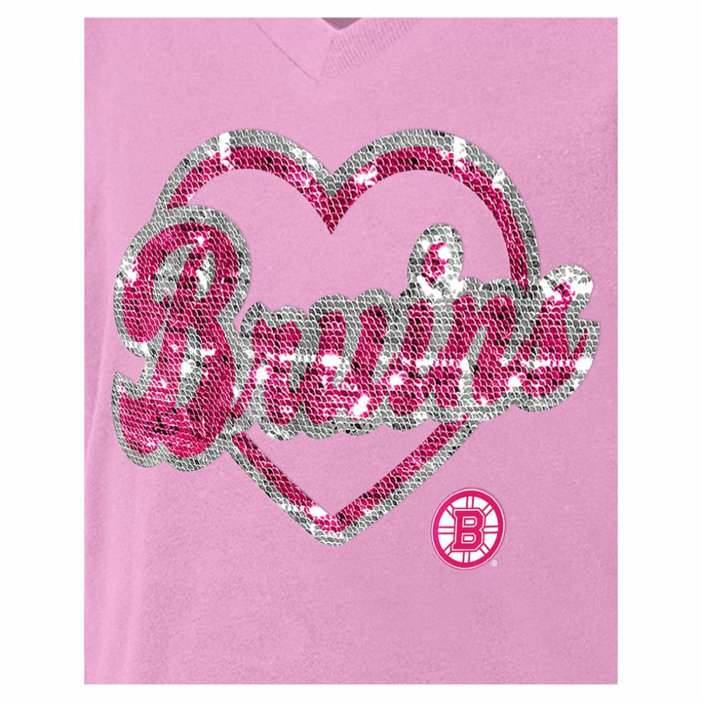 Boston Bruins New Era Girl's Youth Flip Sequin V-Neck T-Shirt Pink