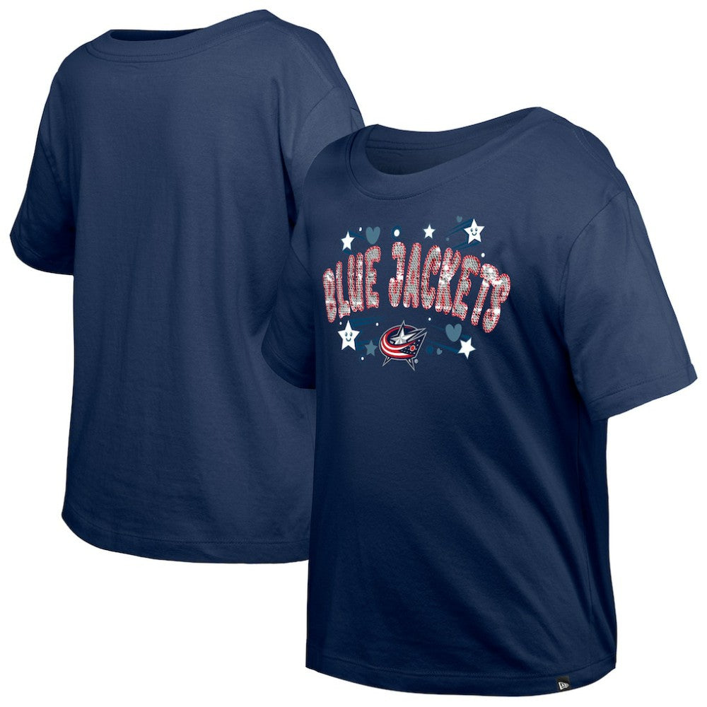 Columbus Blue Jackets New Era Girl's Youth Flip Sequin T-Shirt Navy