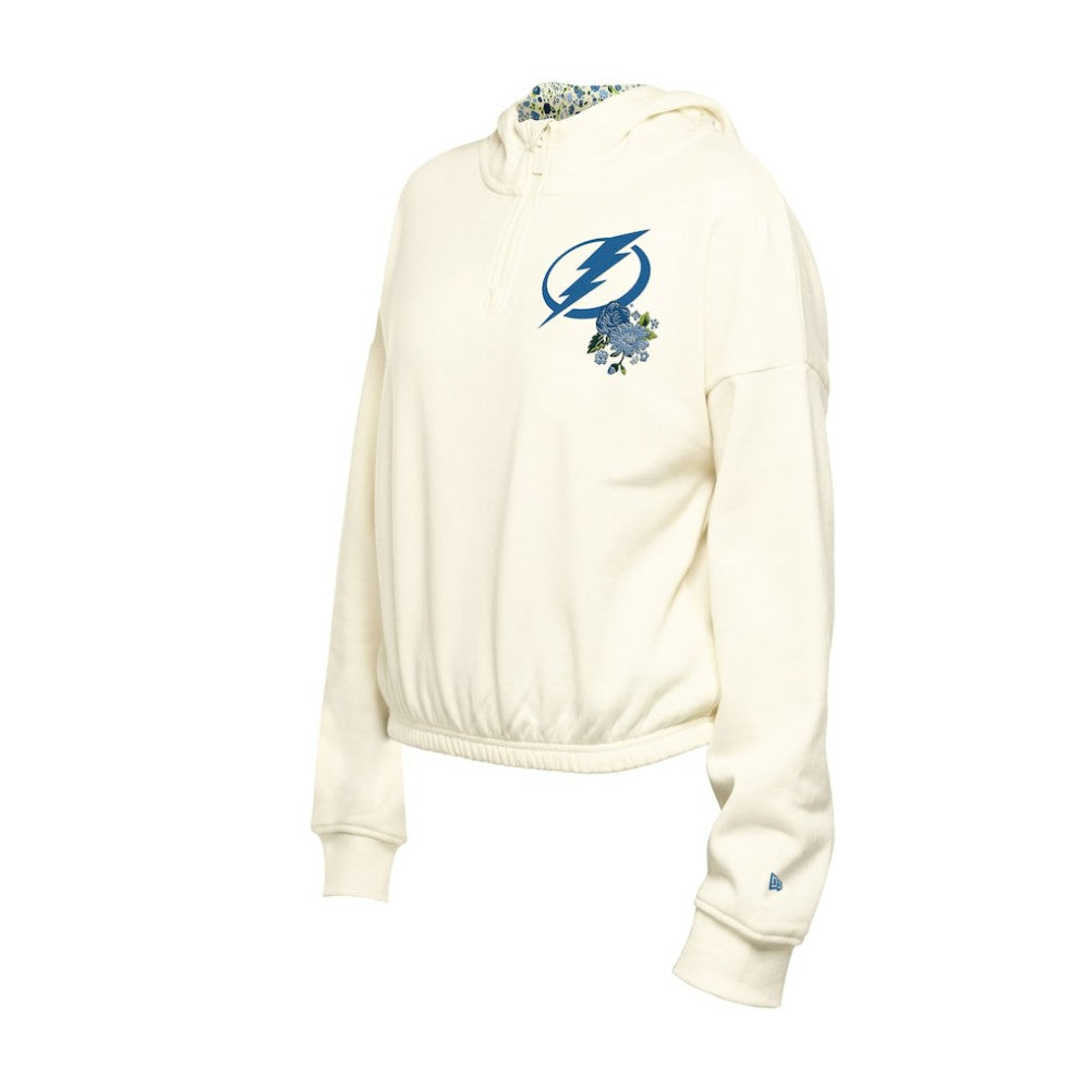 Tampa Bay Lightning New Era Women's Glam Game Quarter-Zip Cropped Floral Hoodie Pullover Cream