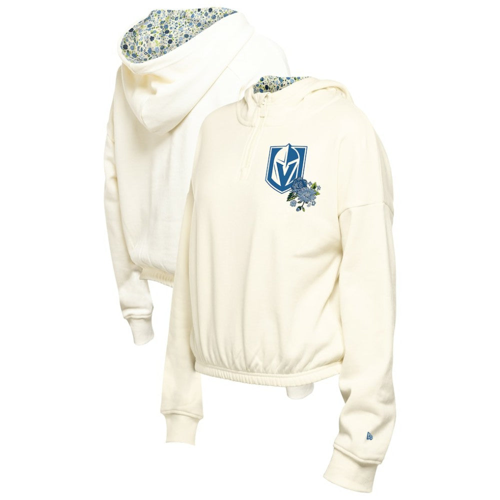 Vegas Golden Knights New Era Women's Glam Game Quarter-Zip Cropped Floral Hoodie Pullover Cream