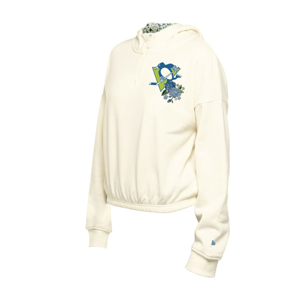 Pittsburgh Penguins New Era Women's Glam Game Quarter-Zip Cropped Floral Hoodie Pullover Cream