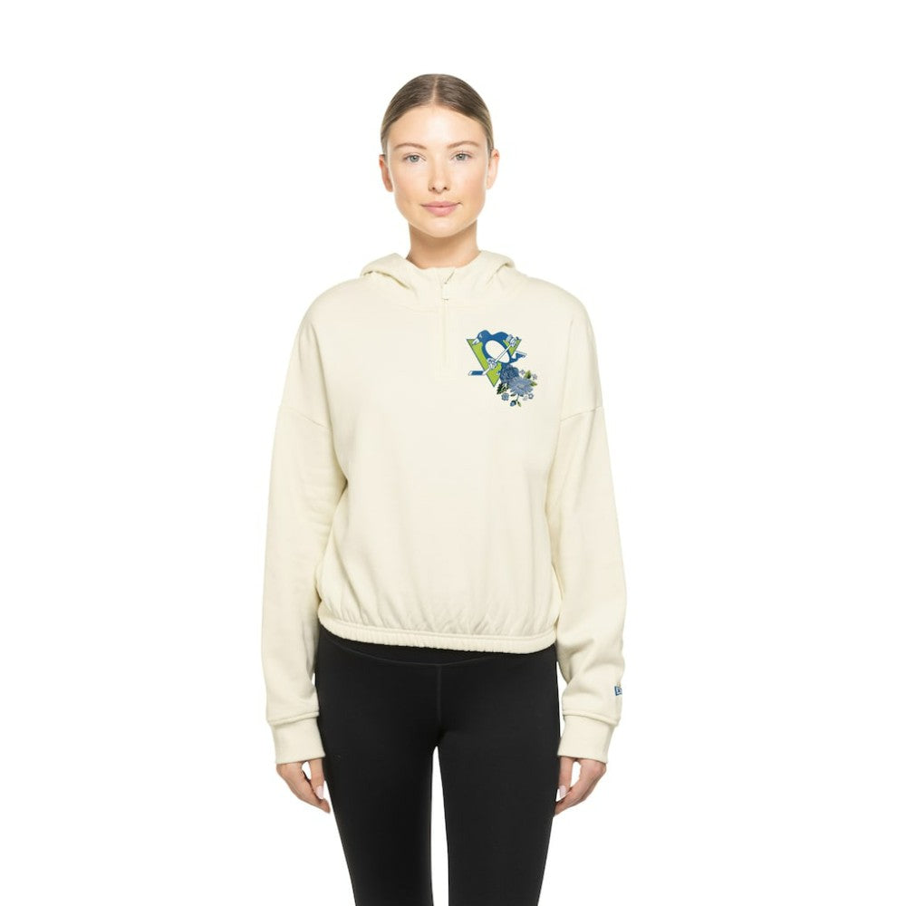 Pittsburgh Penguins New Era Women's Glam Game Quarter-Zip Cropped Floral Hoodie Pullover Cream