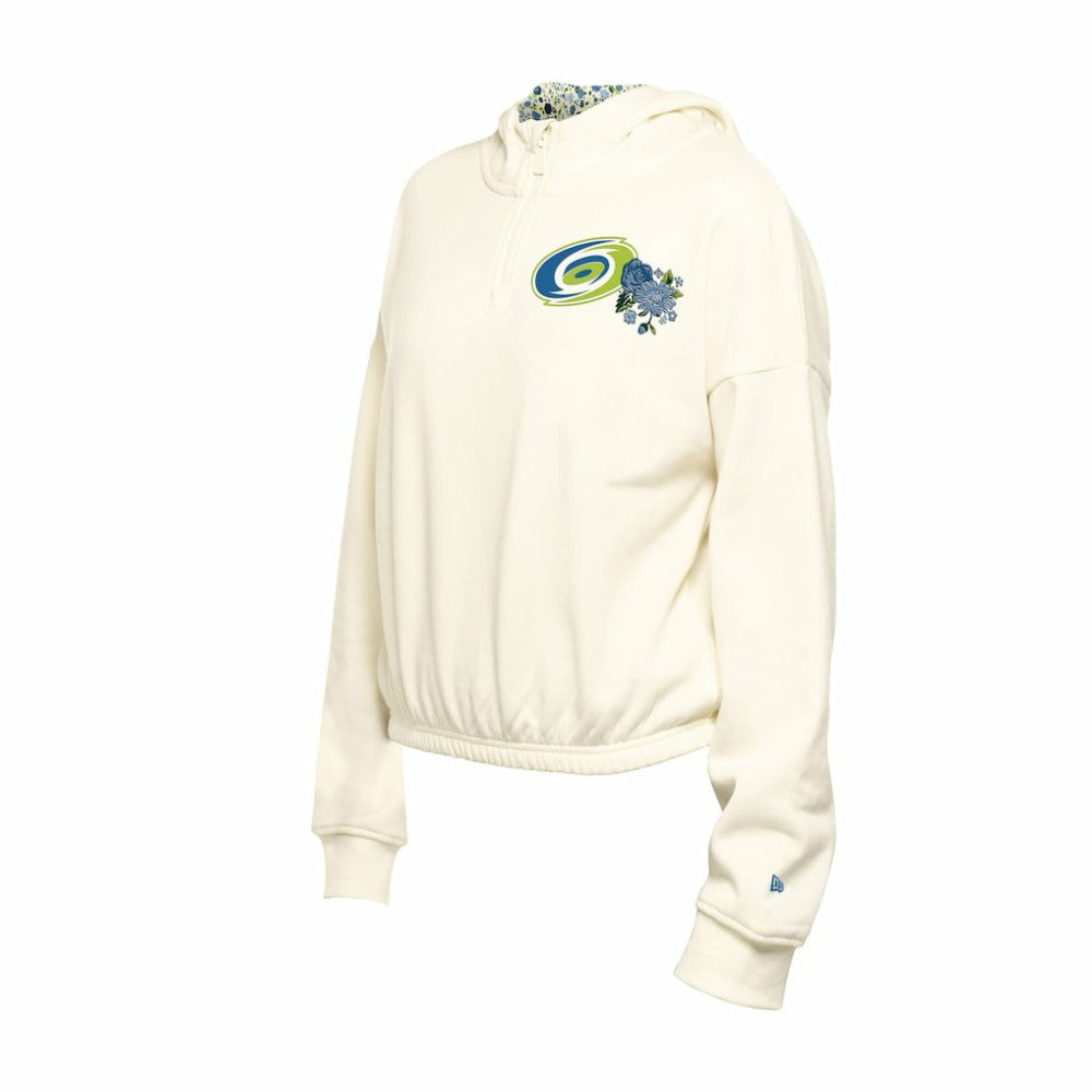 Carolina Hurricanes New Era Women's Glam Game Quarter-Zip Cropped Floral Hoodie Pullover Cream