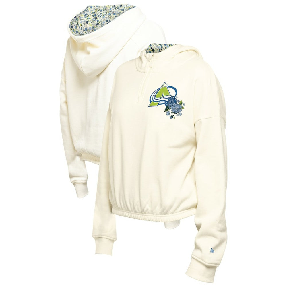 Colorado Avalanche New Era Women's Glam Game Quarter-Zip Cropped Floral Hoodie Pullover Cream