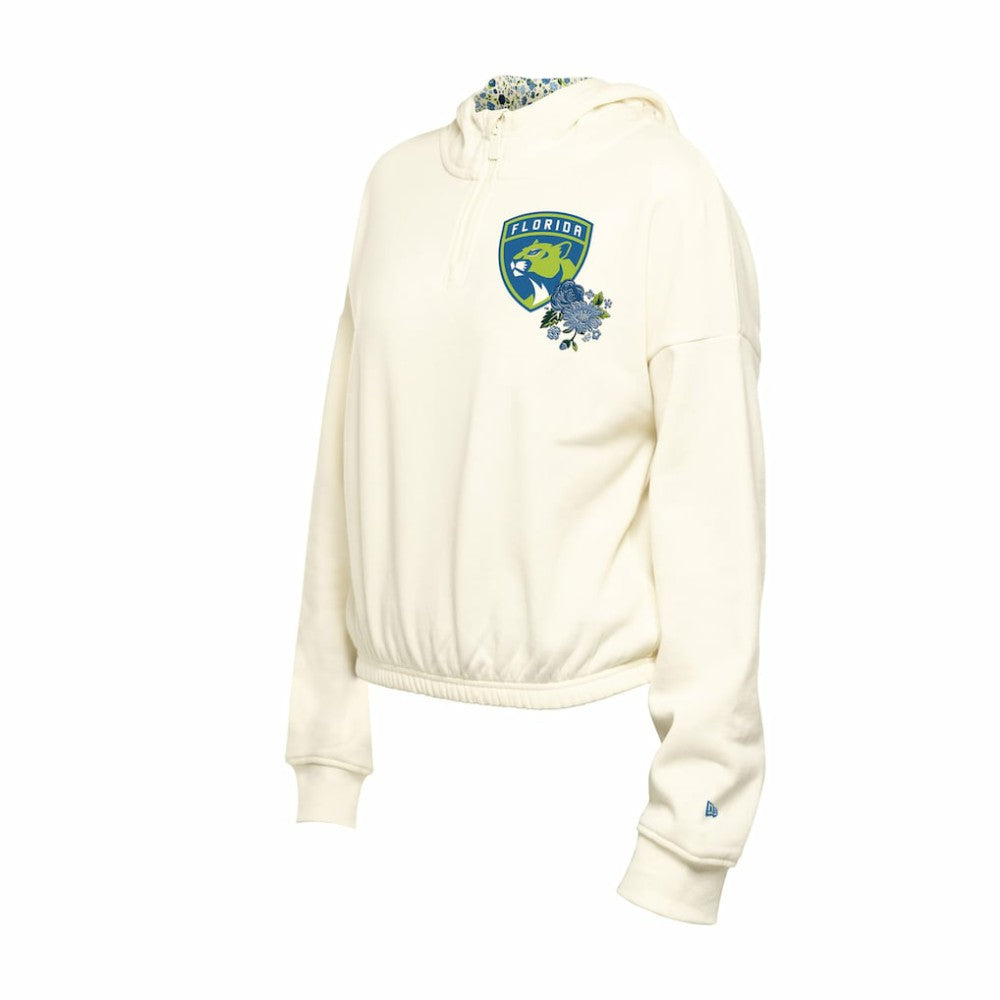 Florida Panthers New Era Women's Glam Game Quarter-Zip Cropped Floral Hoodie Pullover Cream