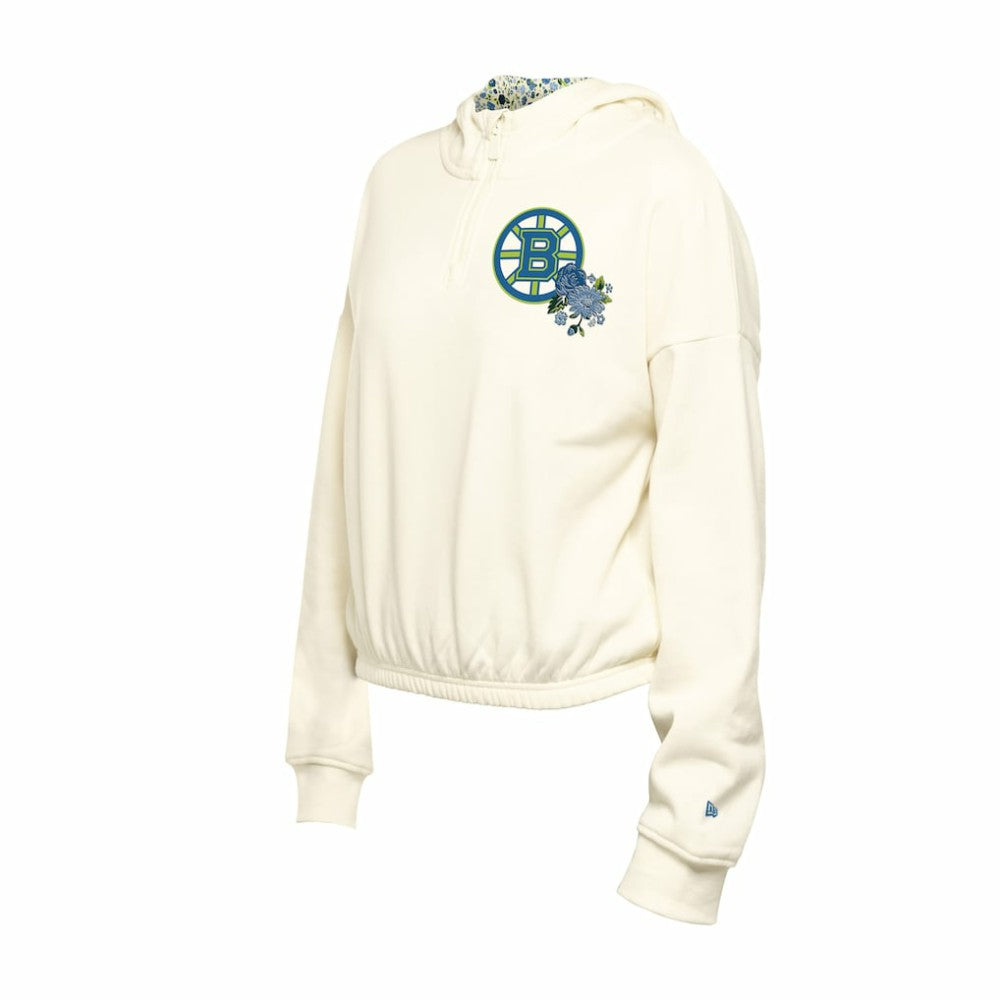 Boston Bruins New Era Women's Glam Game Quarter-Zip Cropped Floral Hoodie Pullover Cream