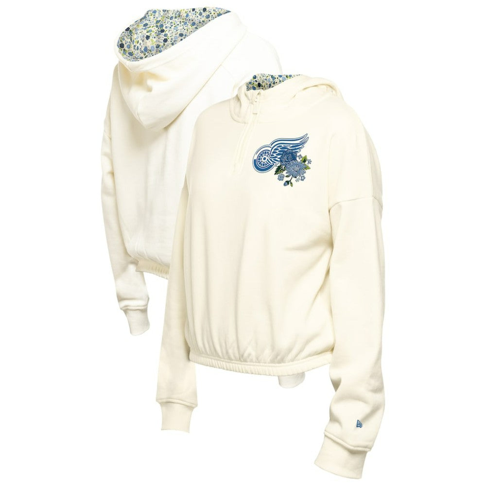 Detroit Red Wings New Era Women's Glam Game Quarter-Zip Cropped Floral Hoodie Pullover Cream