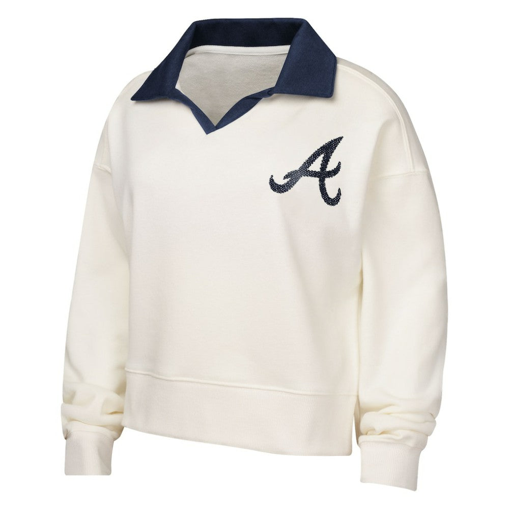Atlanta Braves Girls Youth Ballpark Hit Collared V-Neck Pullover Sweatshirt - White