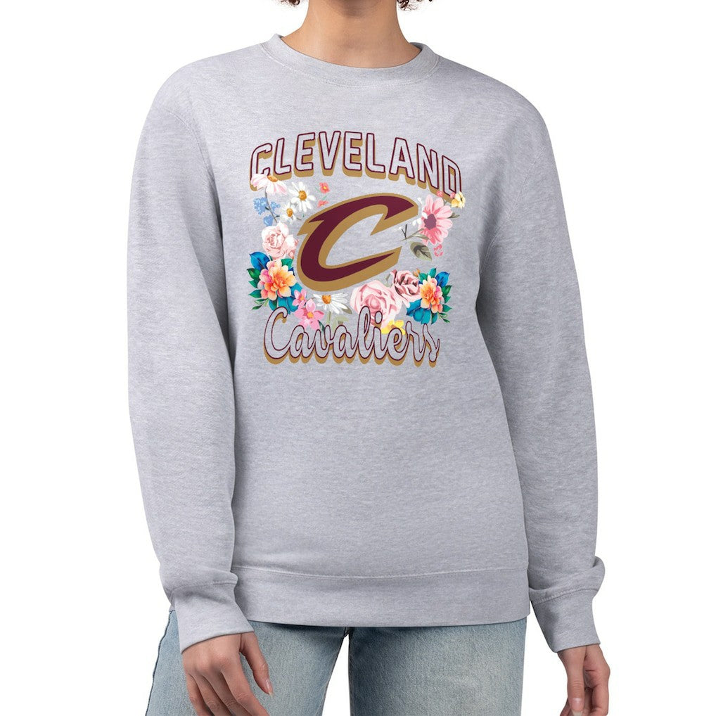 Cleveland Cavaliers G-III 4Her by Carl Banks Women's Flowers Team Logo Graphic Fleece Crewneck Pullover Sweatshirt sale - Heather Gray on sale