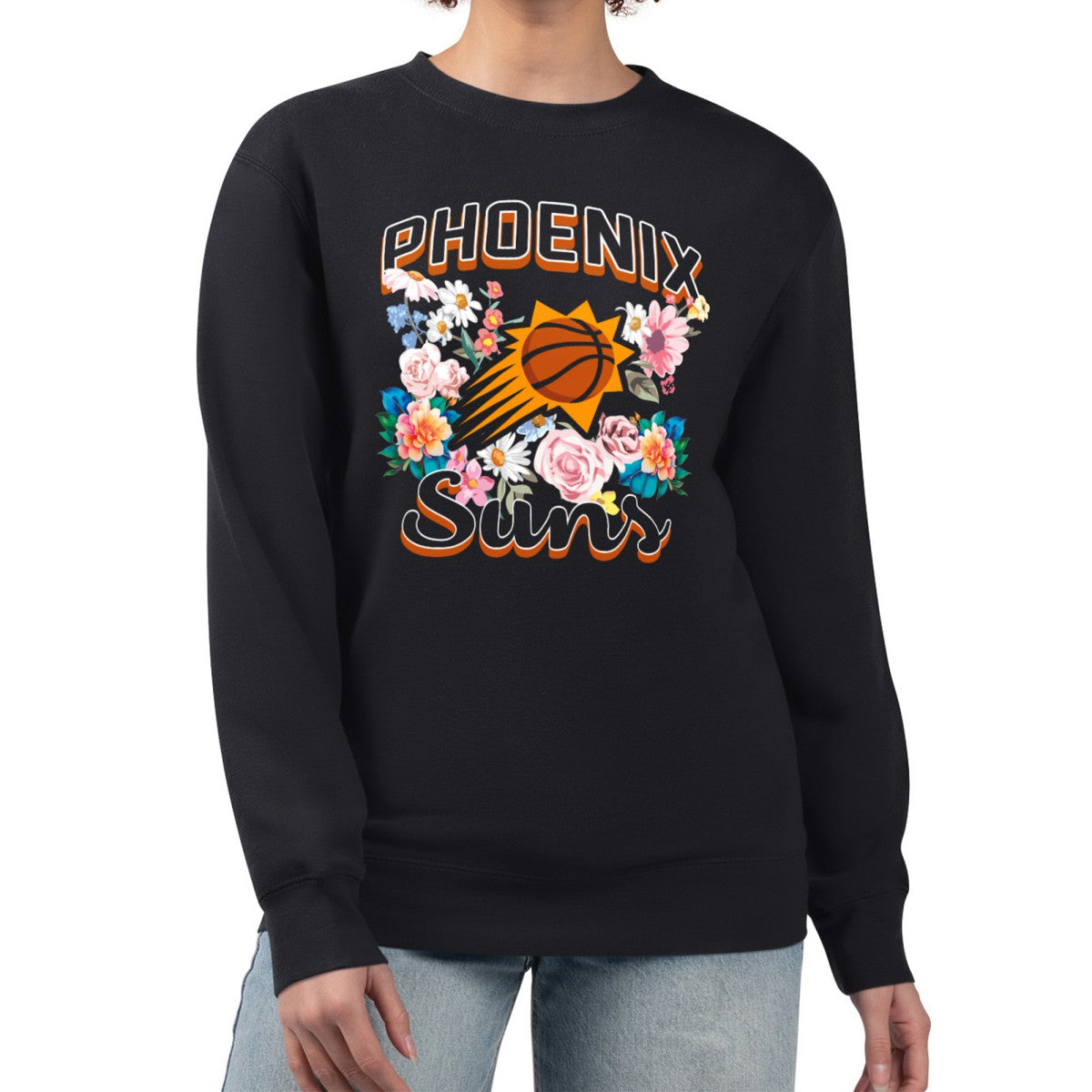 Phoenix Suns G-III 4Her by Carl Banks Women's Flowers Team Logo Graphic Fleece Crewneck Pullover Sweatshirt - Black outlet