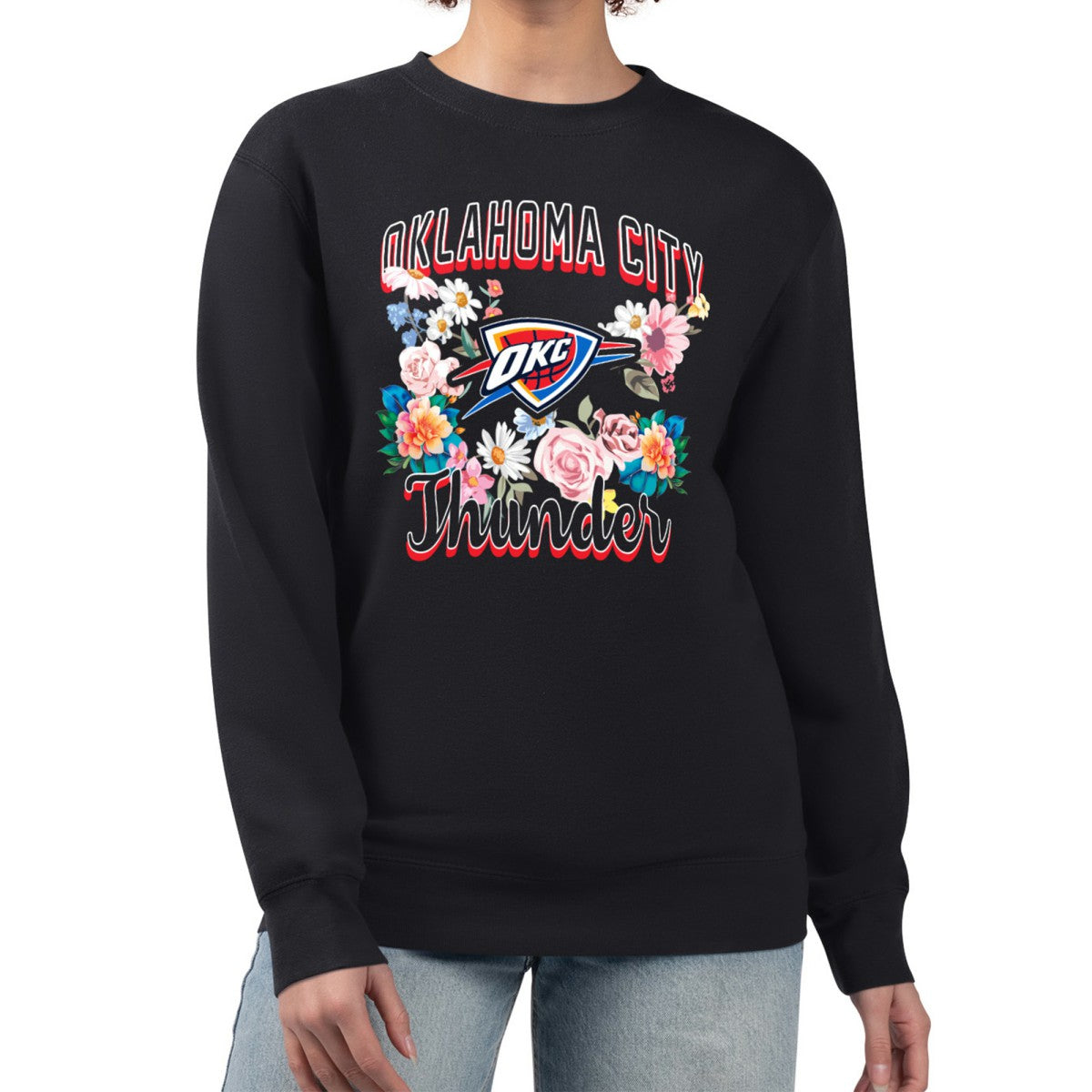 Oklahoma City Thunder G-III 4Her by Carl Banks Women's Flowers Team Logo Graphic Fleece Crewneck Pullover Sweatshirt - Black on sale