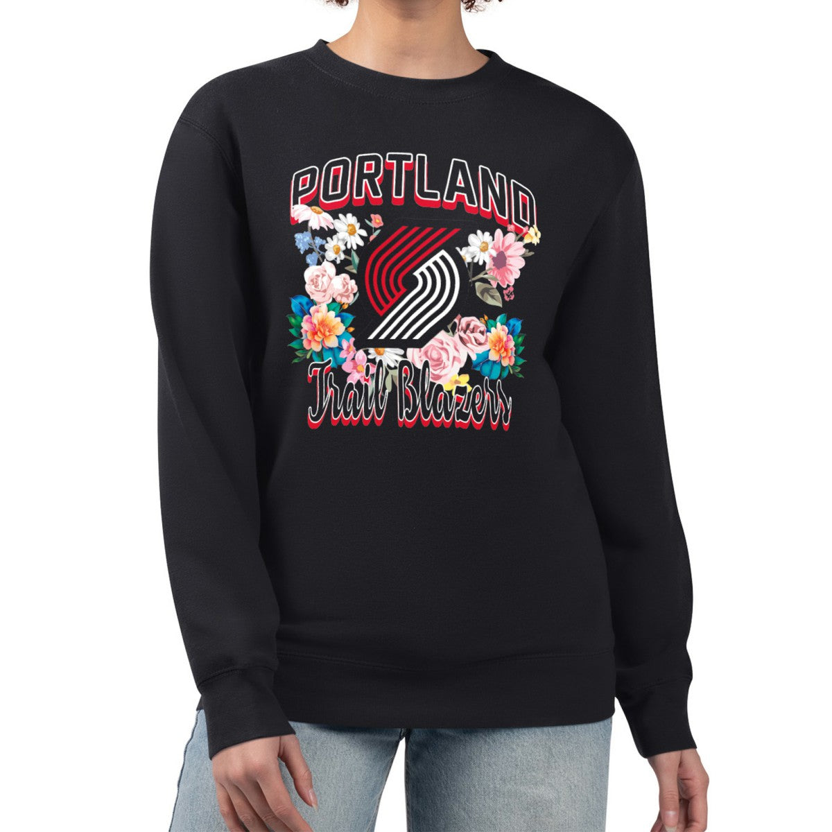 Portland Trail Blazers G-III 4Her by Carl Banks Women's Flowers Team Logo Graphic Fleece Crewneck Pullover Sweatshirt - Black shop