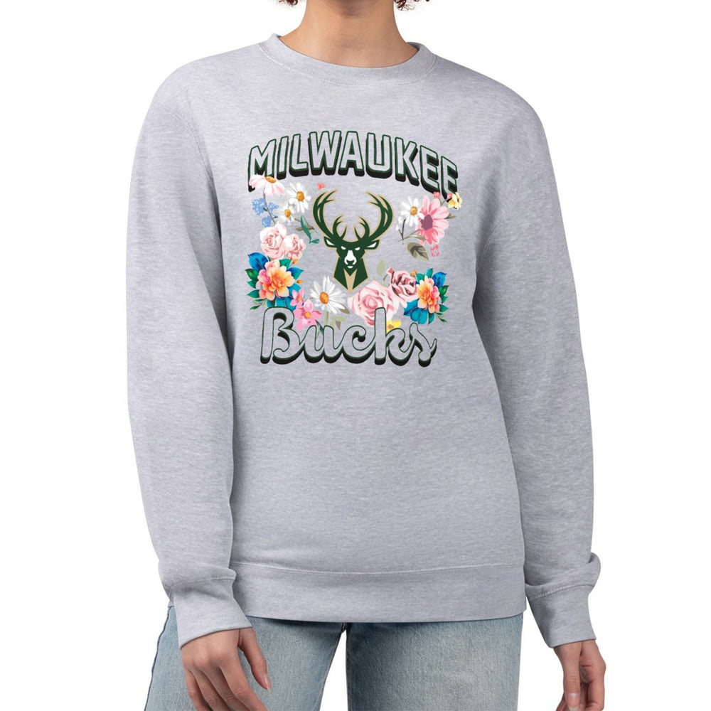 Milwaukee Bucks G-III 4Her by Carl Banks Women's Flowers Team Logo Graphic Fleece Crewneck Pullover Sweatshirt - Heather Gray for sale