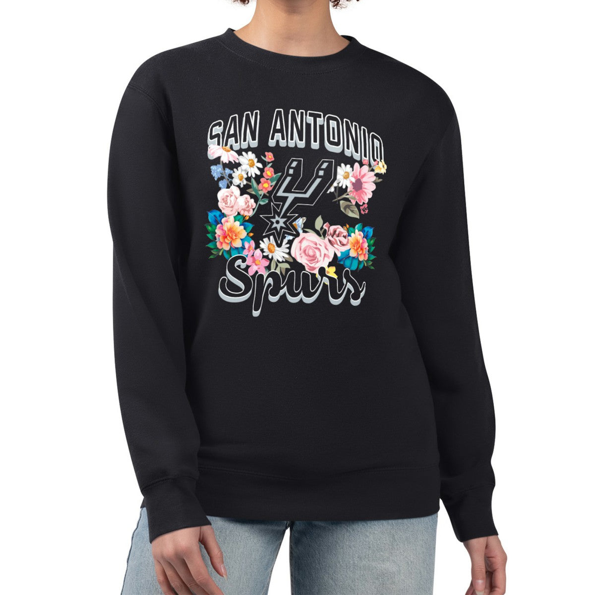San Antonio Spurs G-III 4Her by Carl Banks Women's Flowers Team Logo Graphic Fleece Crewneck Pullover Sweatshirt - Black outlet