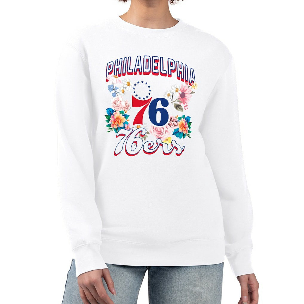 Philadelphia 76ers G-III 4Her by Carl Banks Women's Flowers Team Logo Graphic Fleece Crewneck Pullover Sweatshirt - White online