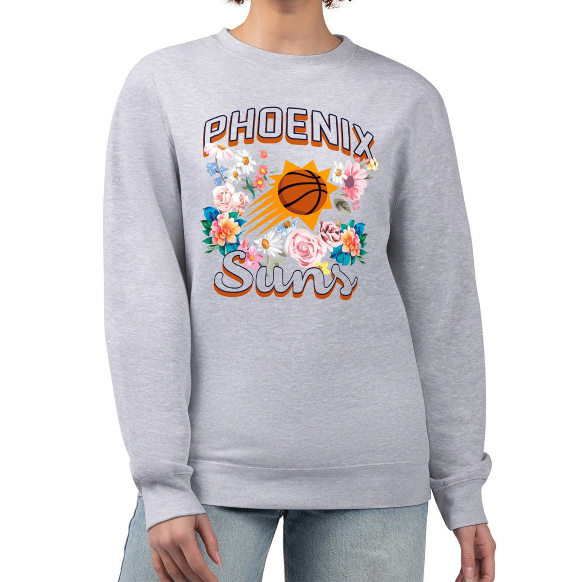 Phoenix Suns G-III 4Her by Carl Banks Women's Flowers Team Logo Graphic Fleece Crewneck Pullover Sweatshirt - Heather Gray discount