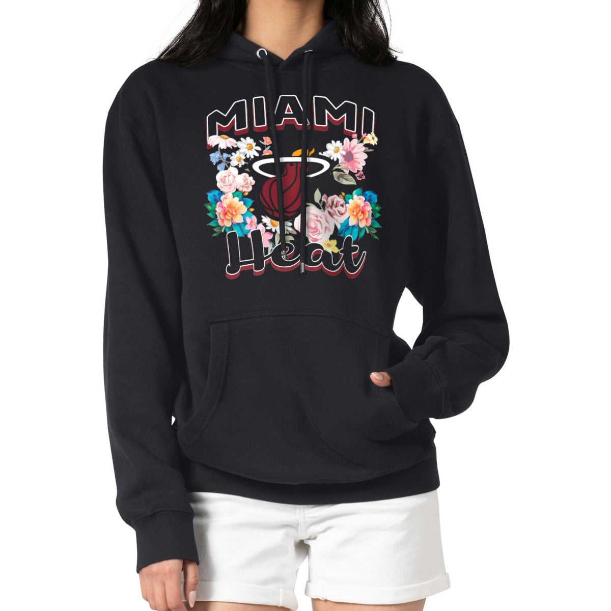 Miami Heat G-III 4Her by Carl Banks Women's Flowers Team Logo Graphic Fleece Pullover Hoodie - Black for sale