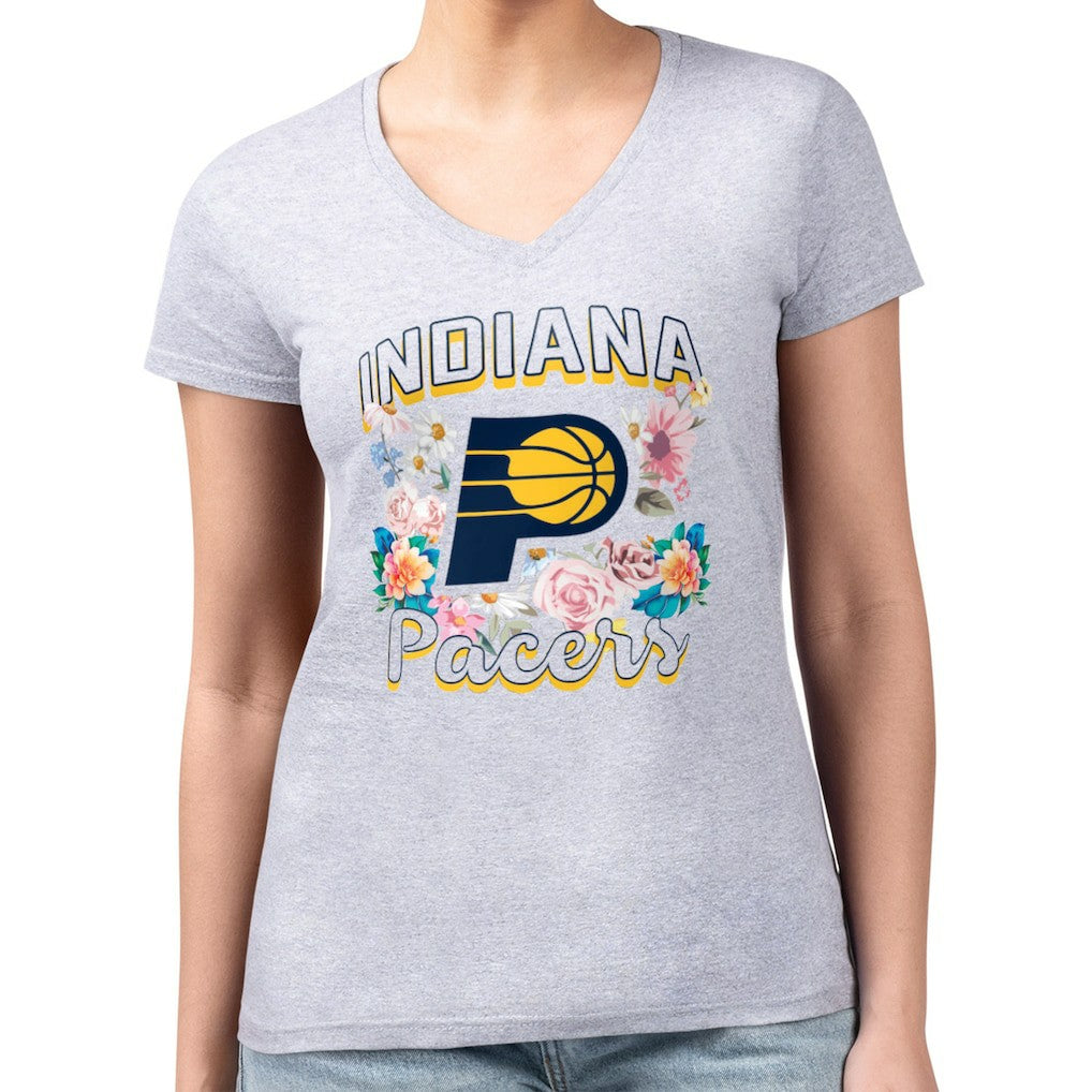 Indiana Pacers G-III 4Her by Carl Banks Women's Super-Slim Fit Lightweight Flowers Team Logo Graphic V-Neck T-Shirt - Heather Gray cheap