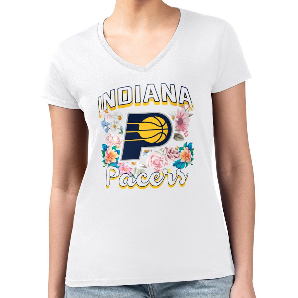 Indiana Pacers G-III 4Her by Carl Banks Women's Super-Slim Fit Lightweight Flowers Team Logo Graphic V-Neck T-Shirt - White for sale