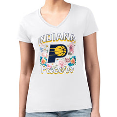 Indiana Pacers G-III 4Her by Carl Banks Women's Super-Slim Fit Lightweight Flowers Team Logo Graphic V-Neck T-Shirt - White for sale
