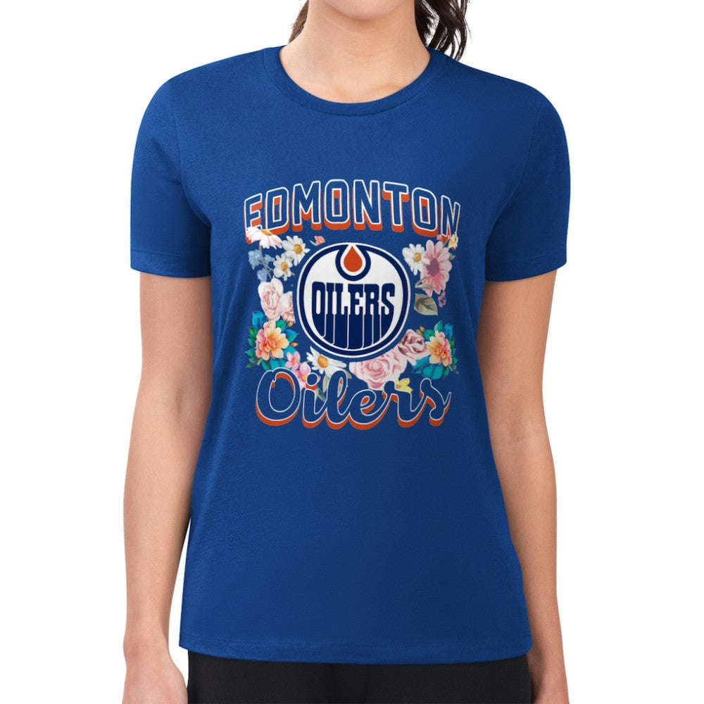 Edmonton Oilers G-III 4Her by Carl Banks Women's Super-Slim Fit Lightweight Flower Logo T-Shirt Royal
