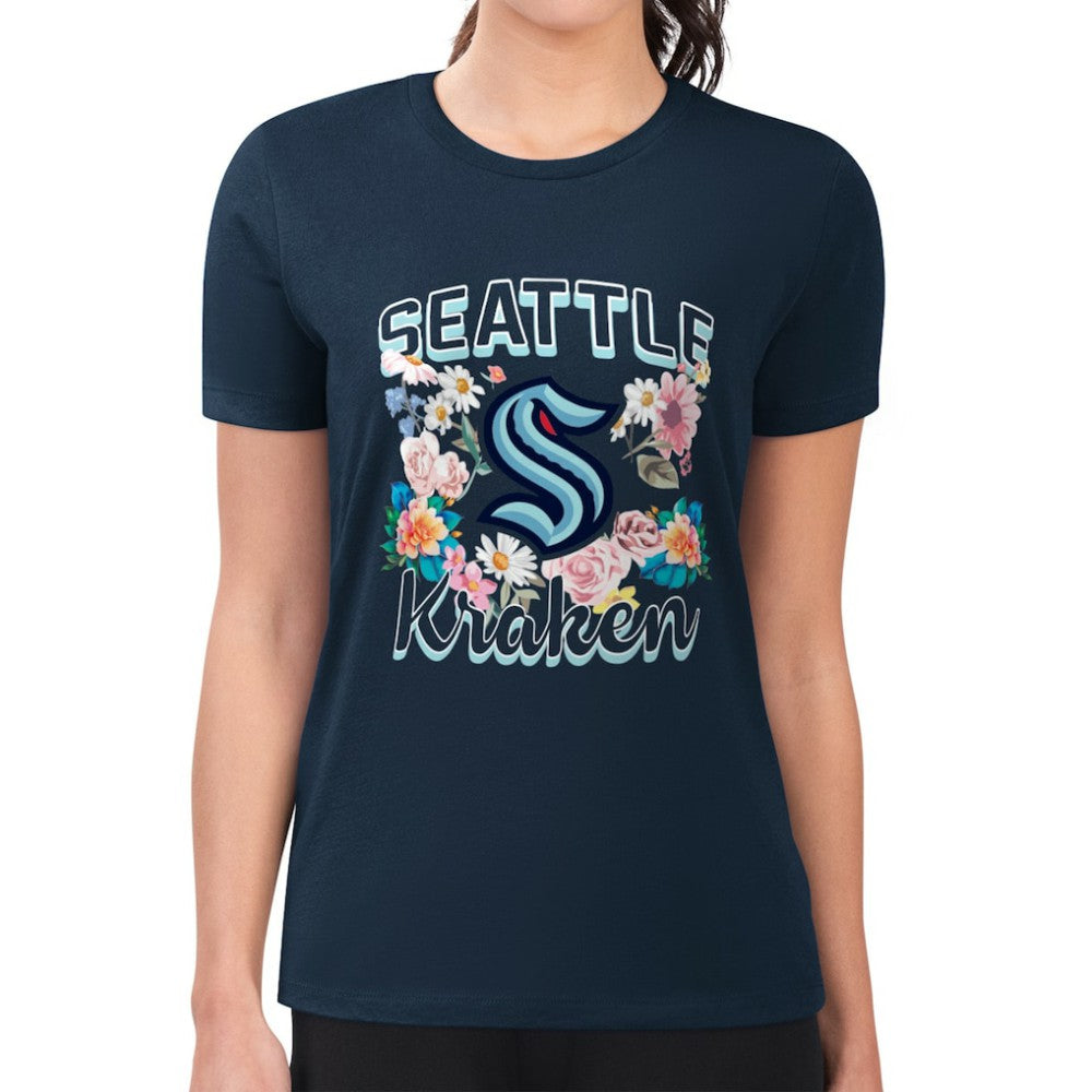 Seattle Kraken G-III 4Her by Carl Banks Women's Super-Slim Fit Lightweight Flower Logo T-Shirt Navy