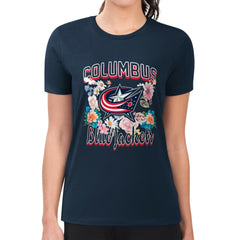 Columbus Blue Jackets G-III 4Her by Carl Banks Women's Super-Slim Fit Lightweight Flower Logo T-Shirt Navy