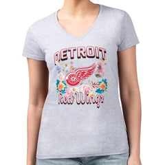Detroit Red Wings G-III 4Her by Carl Banks Women's Super-Slim Fit Lightweight Flower Logo V-Neck T-Shirt Heather Gray