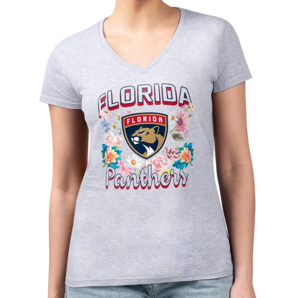Florida Panthers G-III 4Her by Carl Banks Women's Super-Slim Fit Lightweight Flower Logo V-Neck T-Shirt Heather Gray