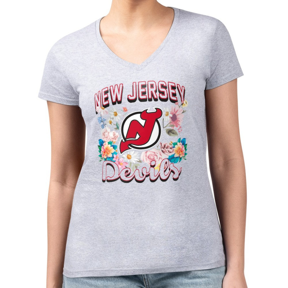 New Jersey Devils G-III 4Her by Carl Banks Women's Super-Slim Fit Lightweight Flower Logo V-Neck T-Shirt Heather Gray