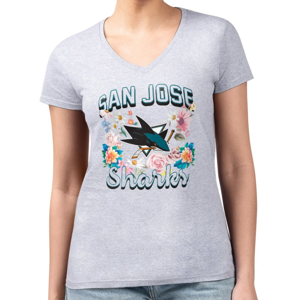 San Jose Sharks G-III 4Her by Carl Banks Women's Super-Slim Fit Lightweight Flower Logo V-Neck T-Shirt Heather Gray