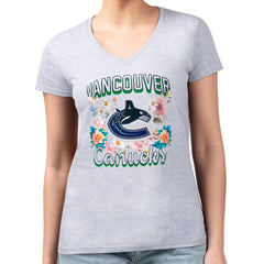 Vancouver Canucks G-III 4Her by Carl Banks Women's Super-Slim Fit Lightweight Flower Logo V-Neck T-Shirt Heather Gray