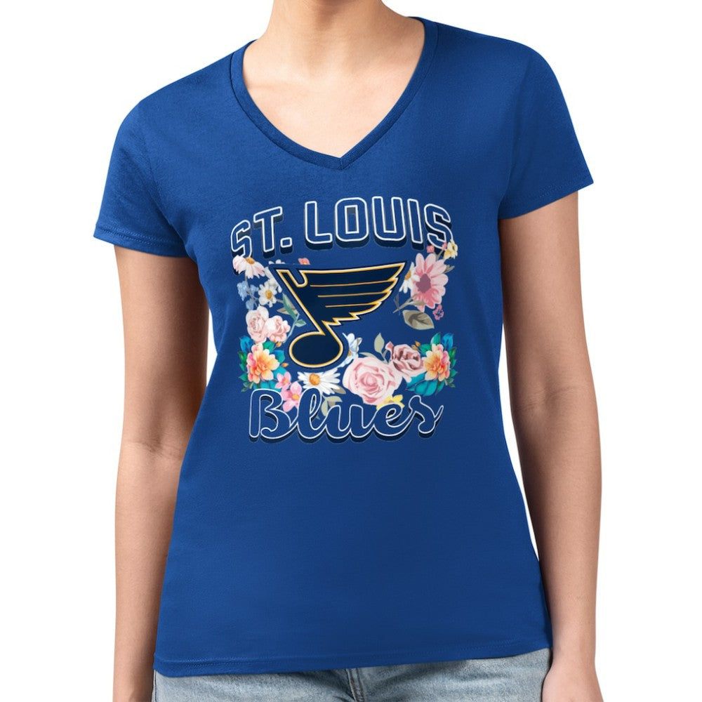 St. Louis Blues G-III 4Her by Carl Banks Women's Super-Slim Fit Lightweight Flower Logo V-Neck T-Shirt Blue