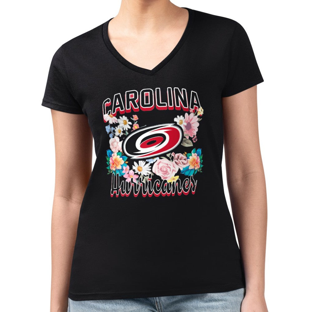 Carolina Hurricanes G-III 4Her by Carl Banks Women's Super-Slim Fit Lightweight Flower Logo V-Neck T-Shirt Black